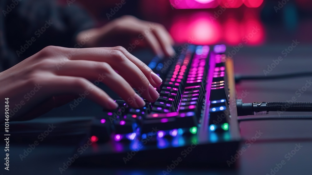 Poster a close-up of a hand typing on a colorful mechanical keyboard in a dimly lit gaming setup at night