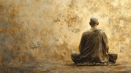 A meditative Asian monk in a peaceful pose, on a solid earth-toned background