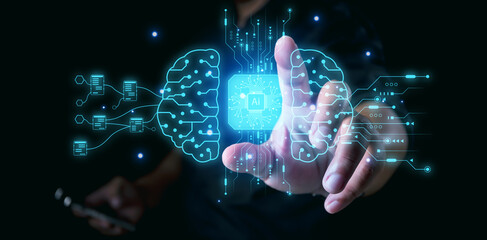 Businessman interact with AI artificial intelligence brain processor in concept of AI artificial...