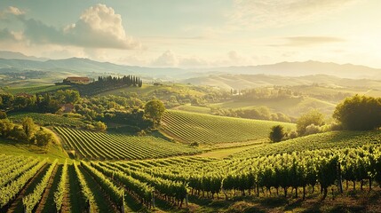 Fototapeta premium Scenic view of lush vineyards in rolling hills during golden hour in the countryside