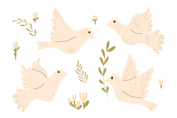Doves of peace vector set. Flying pigeon holding an olive branch kit. Hand drawn birds collection illustration isolated on white background.
