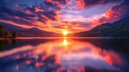A vibrant sunset paints the sky and water with colorful reflections over a serene lake landscape