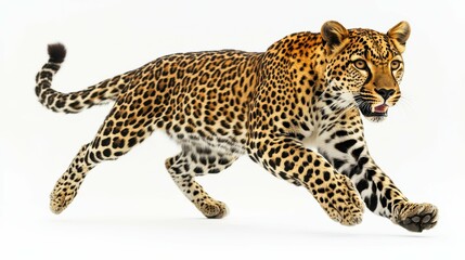 Fototapeta premium Agile Leopard in Dynamic Pounce against White Background