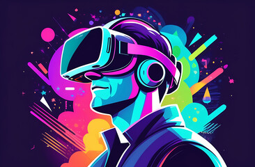 Concept of virtual reality technology. Men wearing VR headset, sparkle background. Human's head silhouette with vr headset. Futuristic Technology.