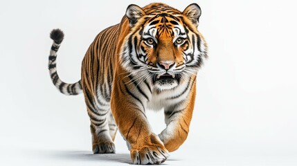 Obraz premium Majestic Tiger Stalking in Dynamic Pose on White Background