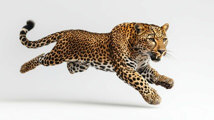 Fototapeta premium A strong and agile leopard mid-pounce, portrayed with dynamic motion on a clean white background