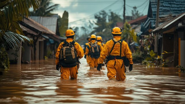 A team of rescue professionals coordinating their efforts to save lives in a flood-affected community, demonstrating teamwork and expertise
