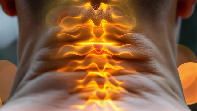 A close-up of a person's neck with a visual representation of a glowing spine or energy flow, suggesting health or vitality themes.