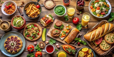 Fototapeta premium A table overflowing with a variety of delicious food and drinks, feast, buffet, dining, celebration, party, banquet