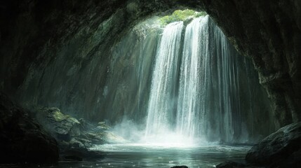 Naklejka premium Underground waterfall cascading through a cave, with water slowly wearing away at the stone