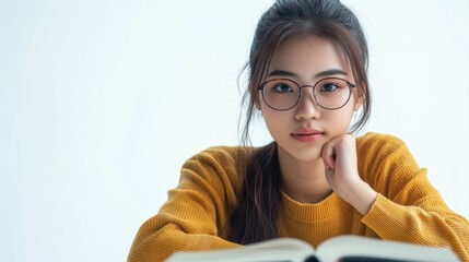 An Asian student deep in concentration while studying, on a clean white background