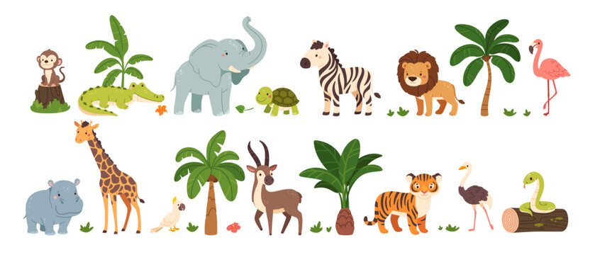 Jungle animals. Cute safari wild mammals. Funny exotic mammal, bird and reptile. Elephant, parrot, lion, crocodile, turtle and palm tree. Kids vector set