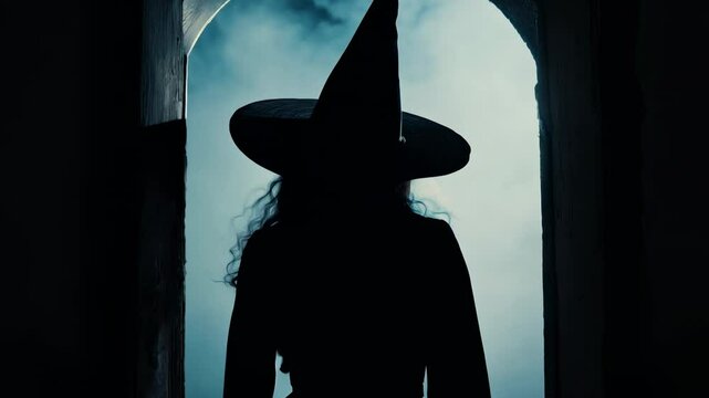 A mysterious witch stands in a doorway, backlit by eerie lighting, creating a spooky and atmospheric scene.
