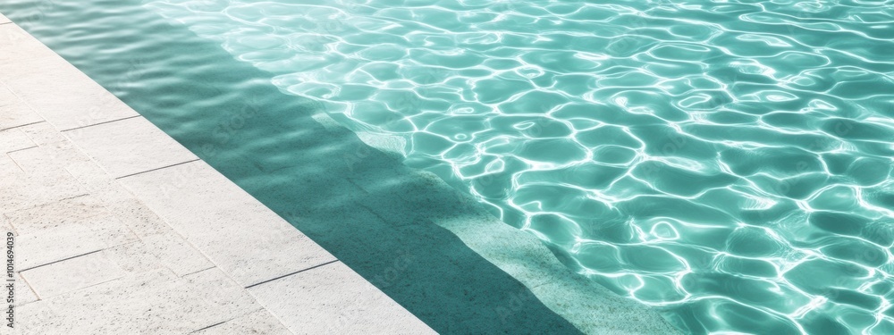 Poster serene minimalist poolside, tranquil water reflecting a simple design, inviting calmness and relaxat