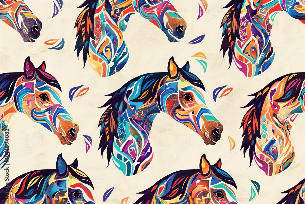 Poster Horse heads featuring colorful tribal designs in a repeating pattern.