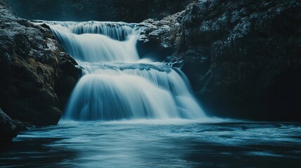 Fototapeta premium A tranquil waterfall cascading over rocks into a serene pool beneath a misty forest canopy in the early morning light