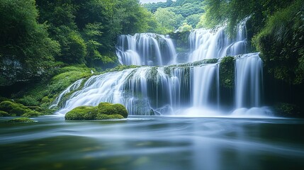 Obraz premium A tranquil waterfall cascading over rocks into a serene pool beneath a misty forest canopy in the early morning light