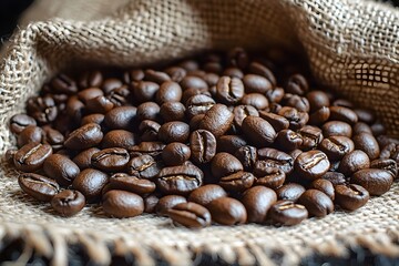 Artfully arranged coffee beans scattered on a burlap sack showcasing their rich warm color tones and vivid texture  This clean bright image highlights the natural beauty and of the coffee crop