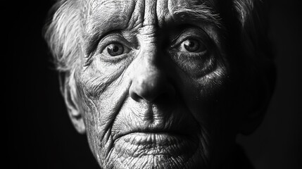 Obraz premium An elderly woman with deep-set wrinkles gazes thoughtfully into the distance, capturing a moment of wisdom and experience in soft light
