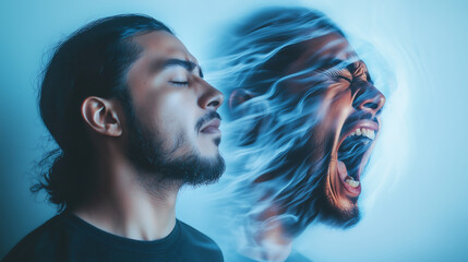 man with closed eyes and a calm expression is juxtaposed with a ghostly image of himself screaming suggesting repressed emotions and inner conflict