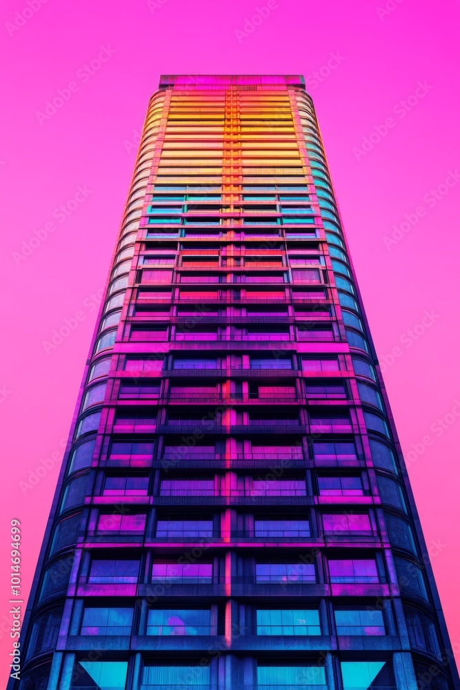 Poster isolated synthwave skyscraper with a vibrant color palette, featured against a blank background.
