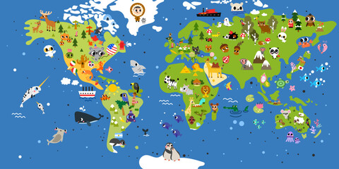 Big colorful world vector kid map with animals, insects, holidays, food, Cartoon background education kid room, wallpaper, printable page. © Alina Nikitaeva