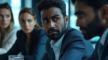 Diverse corporate team experiencing microaggressions, including Indian and Sub-Saharan African professionals, in a tense office meeting