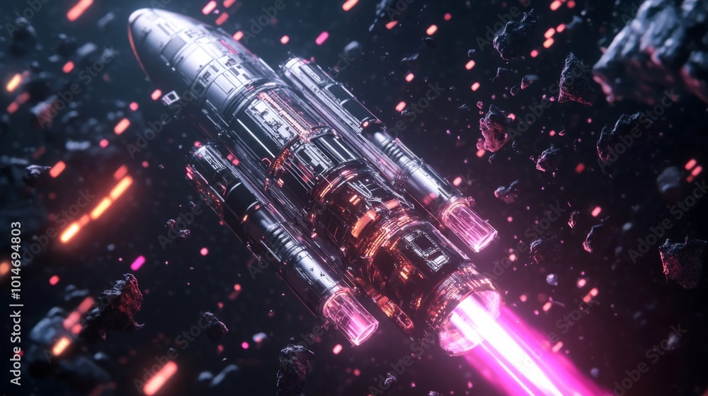 Poster a futuristic, metallic spaceship travels through space. the spaceship is sleek and silver, with a lo