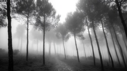 Fototapeta premium Misty forest landscape with tall pine trees shrouded in fog during early morning, creating an eerie yet tranquil atmosphere