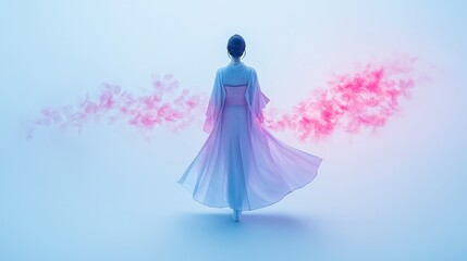 Obraz premium Woman in Kimono with Pink Sakura Blossoms