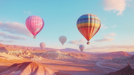 Obraz premium Colorful hot air balloons soaring over a desert landscape at sunrise in Wadi Rum, Jordan
