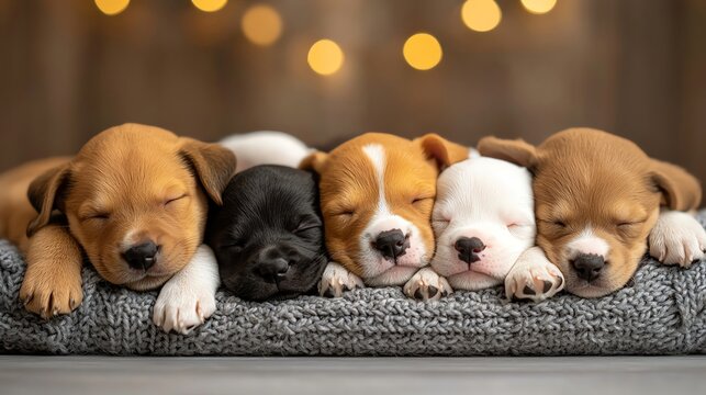 Five adorable puppies peacefully sleeping on a cozy blanket.