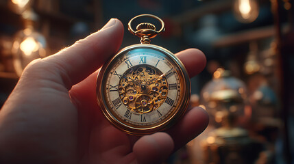 Old-fashioned pocket watch being examined by collector in antique store