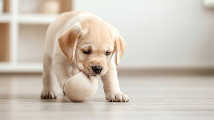 Playful puppy with a ball on the floor, bright and inviting atmosphere.