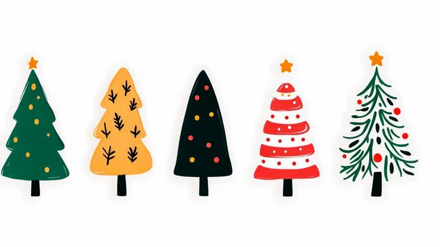 Five colorful Christmas trees are arranged in a row against a white background