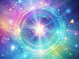 vibrant cosmic scene featuring luminous orb surrounded by soft pastel glow, creating serene and dreamy atmosphere. sparkling stars enhance ethereal quality of image