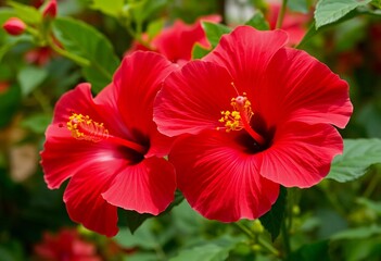 Bright red hibiscus flowers showcase intricate petals in flourishing garden. The lush greenery creates a vibrant backdrop for their beauty. Hibiscus is large genus of plants in Malvaceae family. AI