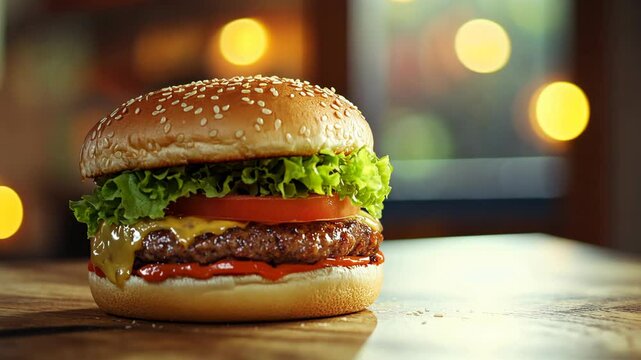 A juicy burger with lettuce, tomato, and cheese sits on a wooden table in a dimly lit restaurant