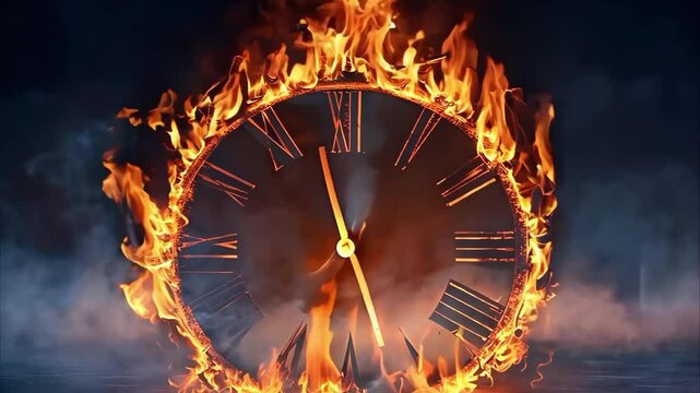 A clock encircled by flames, symbolizing urgency or the passage of time in a dramatic, fiery setting.