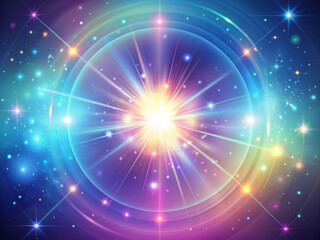 Fototapeta premium vibrant cosmic scene featuring radiant burst of light at center, surrounded by soft focus blend of pastel colors and sparkling stars, creating serene and ethereal atmosphere
