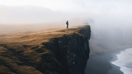 A lone hiker stands on the edge of a dramatic cliff overlooking a misty fjord during early morning in a remote landscape