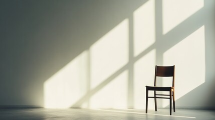 A single wooden chair sits in an empty room illuminated by soft sunlight streaming through large windows