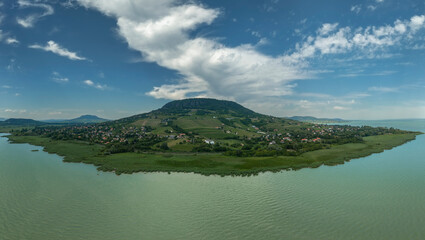 Panoramic nature landscape of Badacsony Hill with nearby towns and Lake Balaton