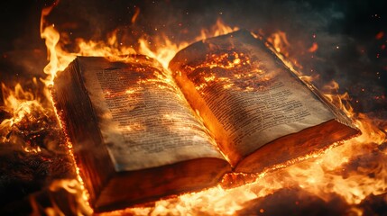 Salvaging Knowledge: Dramatic Scene of a Fire-Damaged Manuscript Engulfed in Flames with Smoky Background