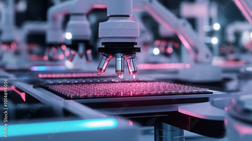 Poster A close-up view of a robotic arm with multiple lenses inspecting a circuit board in a factory setting. The board is illuminated with a pink glow and the arm is white and sleek.