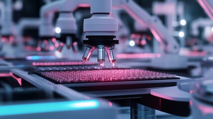 A close-up view of a robotic arm with multiple lenses inspecting a circuit board in a factory setting. The board is illuminated with a pink glow and the arm is white and sleek.