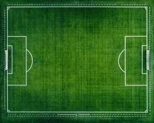 Obraz premium Aerial view of a green football field with white lines, empty except for a few players training in the distance, captured from directly overhead by a drone