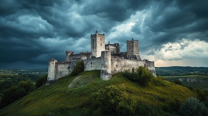 Ancient stone castle on a hillside under dramatic storm clouds in a remote landscape at dusk
