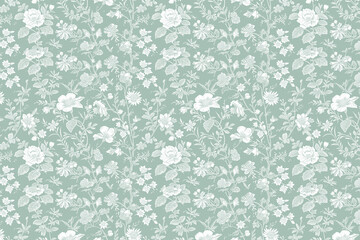 Toile floral pattern tapestry. Vintage monochrome botanical wallpaper pattern. Background image. Created with Generative AI technology
