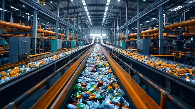 A recycling facility with conveyor belts carrying various types of plastic waste for processing and sorting.